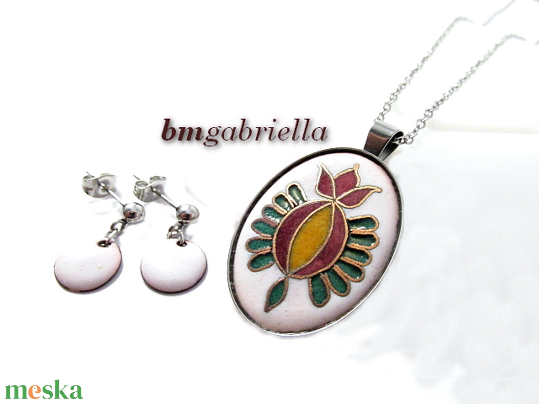 Nyíló tulipán ékszerszett- egyedi tűzzománc nyaklánc és fehér, lógós fülbevaló - ékszer - ékszerszett - Meska.hu