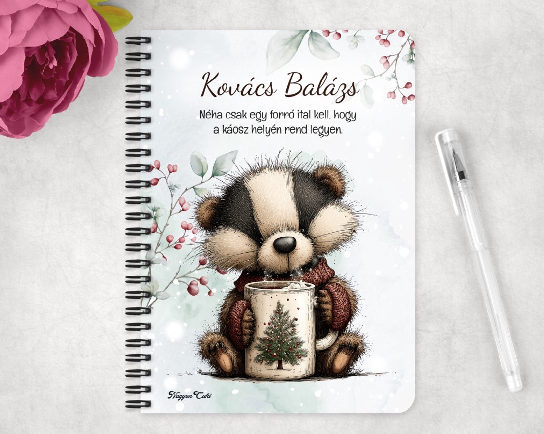 Személyre szabható - Cuki téli borz egy kávéval mintás A6-os füzet - otthon & életmód - papír, írószer - jegyzetfüzet & napló - Meska.hu
