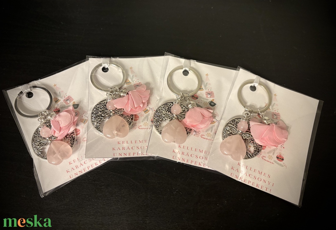 Rózsakvarc angyalkás kulcstartó életfa medállal - táska & tok - kulcstartó & táskadísz - kulcstartó - Meska.hu