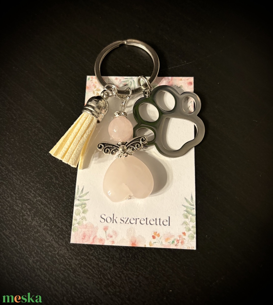Rózsakvarc Ásvány Angyalkás Kulcstartó - táska & tok - kulcstartó & táskadísz - kulcstartó - Meska.hu