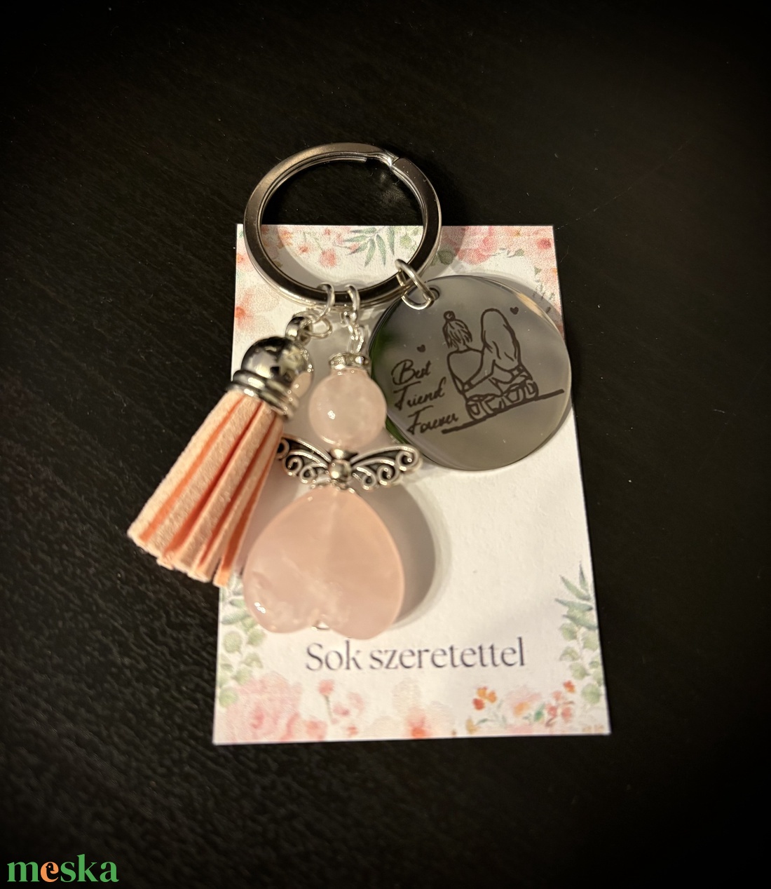 Rózsakvarc Ásvány Angyalkás Kulcstartó - táska & tok - kulcstartó & táskadísz - kulcstartó - Meska.hu