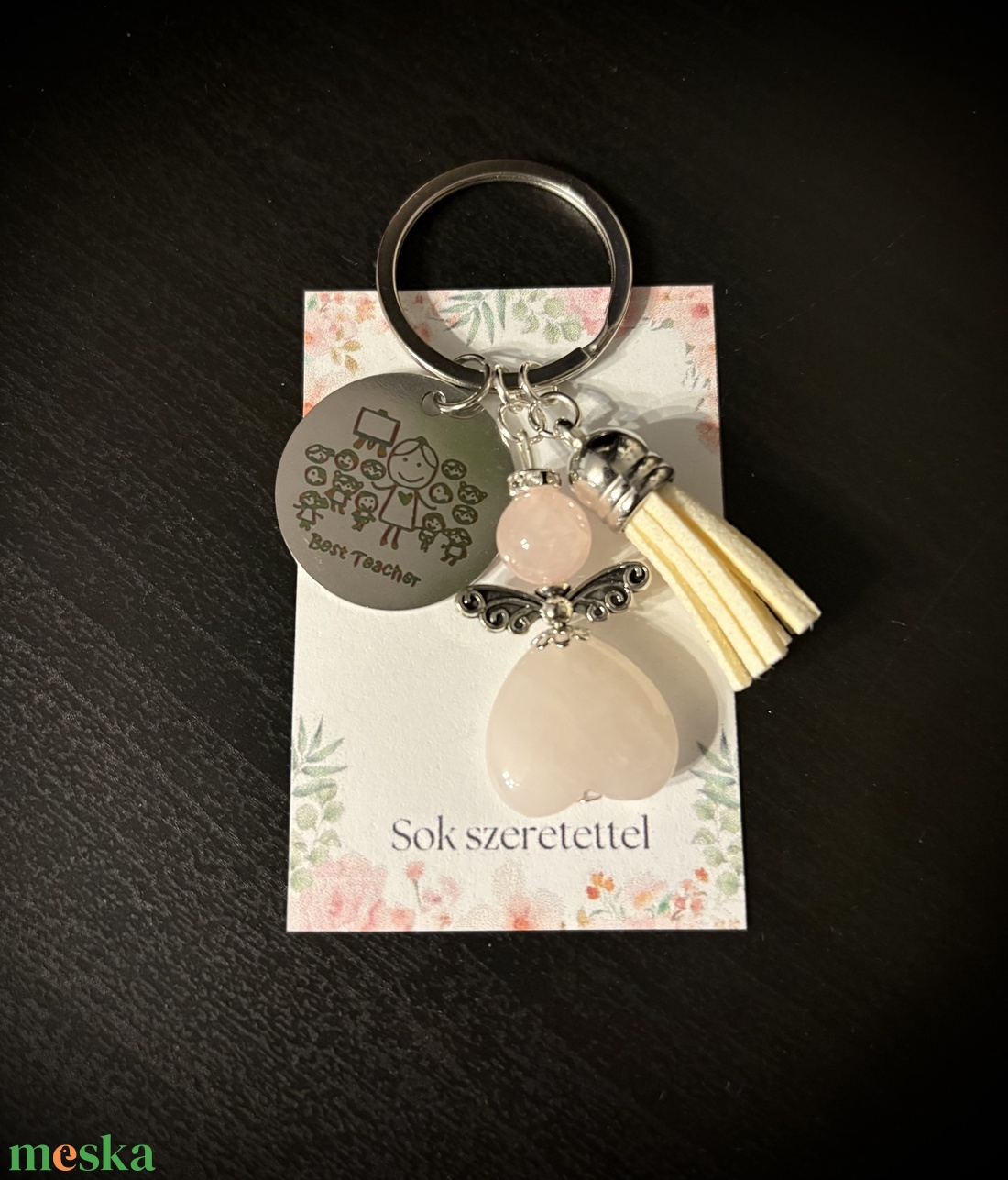 Rózsakvarc Ásvány Angyalkás Kulcstartó - táska & tok - kulcstartó & táskadísz - kulcstartó - Meska.hu