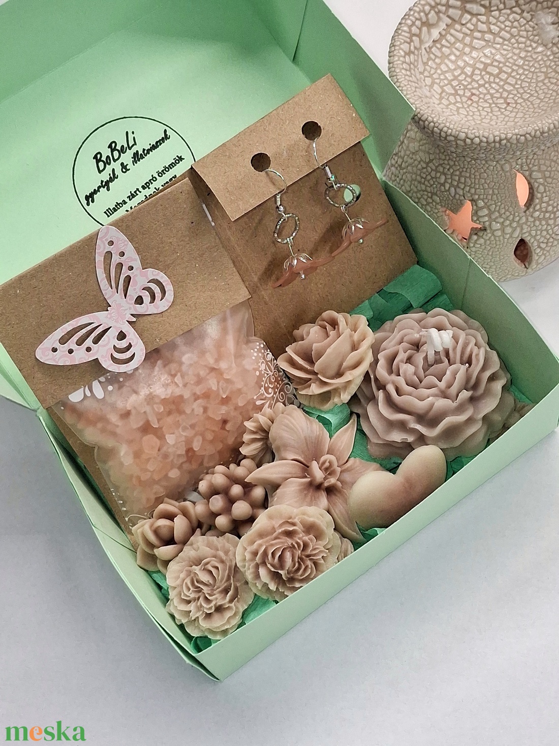 Kókuszos pisztácia illatú kényeztető ajándékbox nőknek ,  fülbevalóval - otthon & életmód - gyertya, illat, aroma - illatviasz - Meska.hu