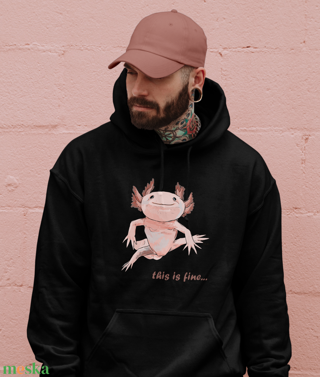 Pamut kapucnis pulóver axolotl grafikával, this is fine felirattal - ruha & divat - férfi ruha - férfi pulóver - Meska.hu