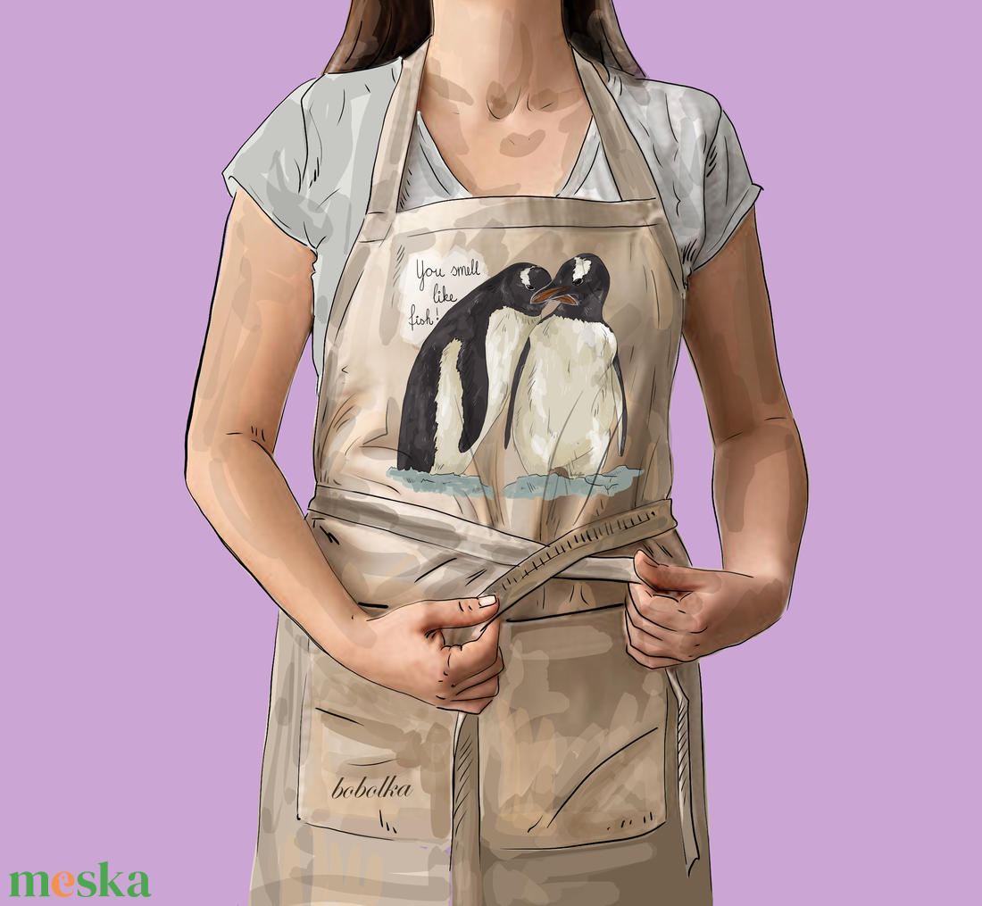 Pamut kötény vicces, romantikus pingvines grafikával - otthon & életmód - konyhafelszerelés, tálalás - konyhai textil - kötény - Meska.hu