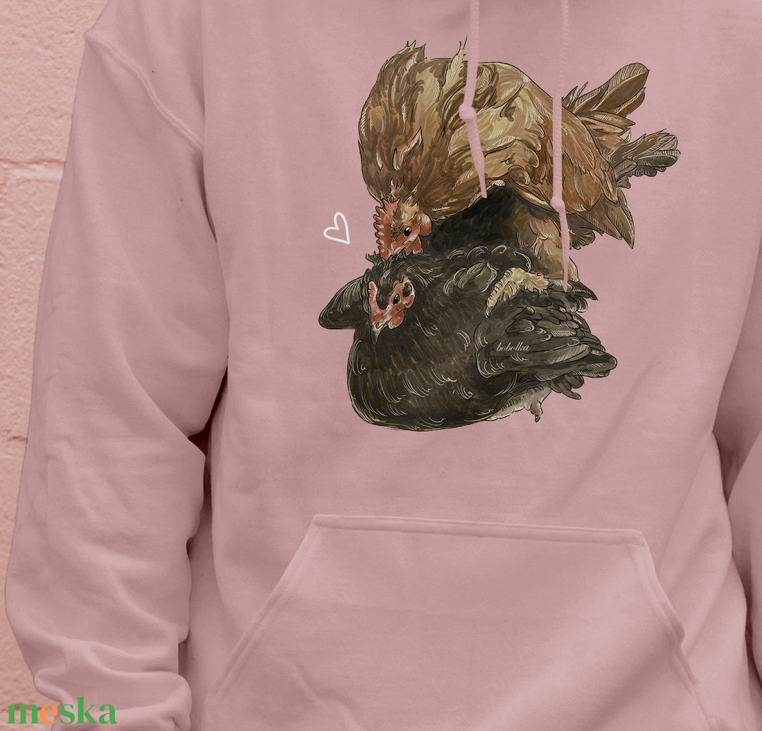 Pamut kapucnis pulóver szerelmes tyúkos mintával - ruha & divat - női ruha - pulóver - Meska.hu