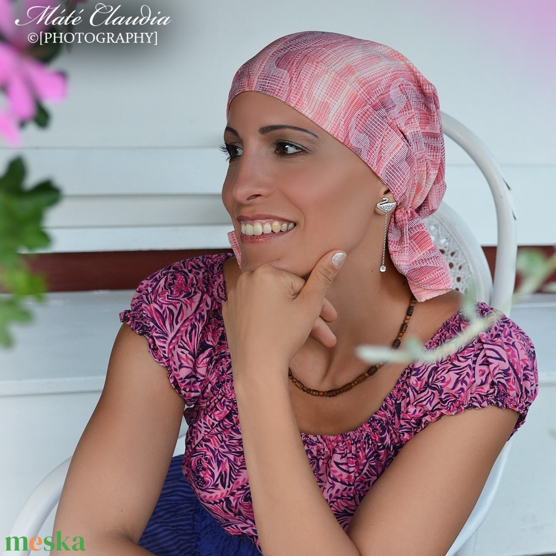 Kemoterápiás kendő - rózsaszín, krém mintás fejkedő - paróka helyett - daganatos betegség idején - ruha & divat - sál, sapka, kendő - kendő - Meska.hu