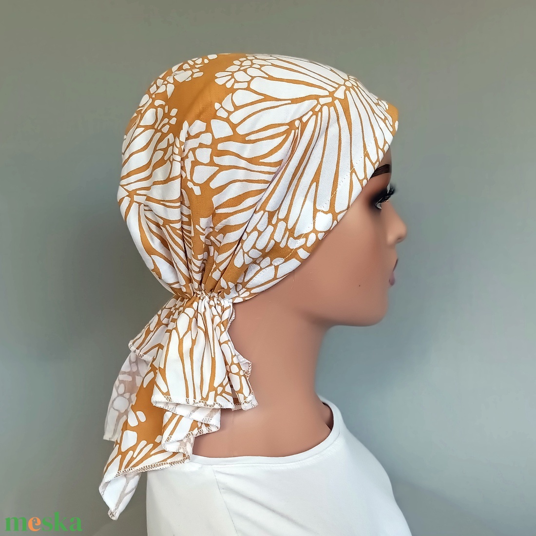 Kemoterápiás kendő - mustárszínű mintás fejkedő - paróka helyett - ruha & divat - sál, sapka, kendő - kendő - Meska.hu