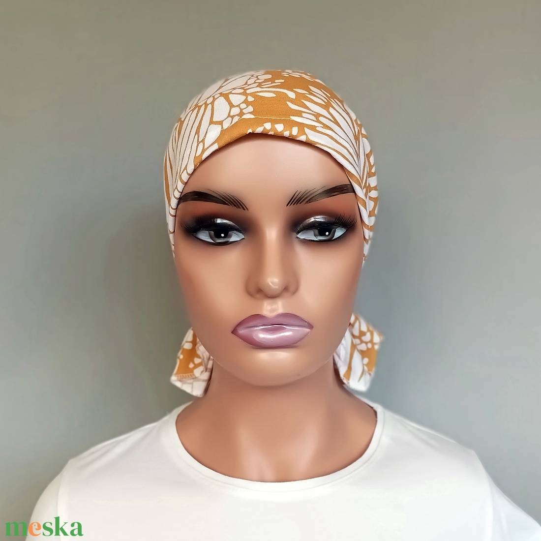 Kemoterápiás kendő - mustárszínű mintás fejkedő - paróka helyett - ruha & divat - sál, sapka, kendő - kendő - Meska.hu