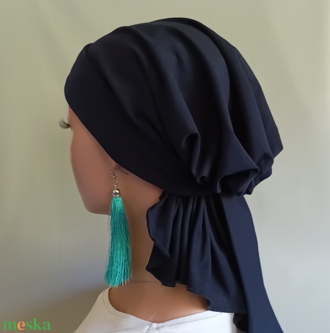 Kendő - Elegáns fejkendő - masnis, sötétkék pamut kendő - paróka helyett - kemoterápiás kezelések idejére - ruha & divat - sál, sapka, kendő - kendő - Meska.hu