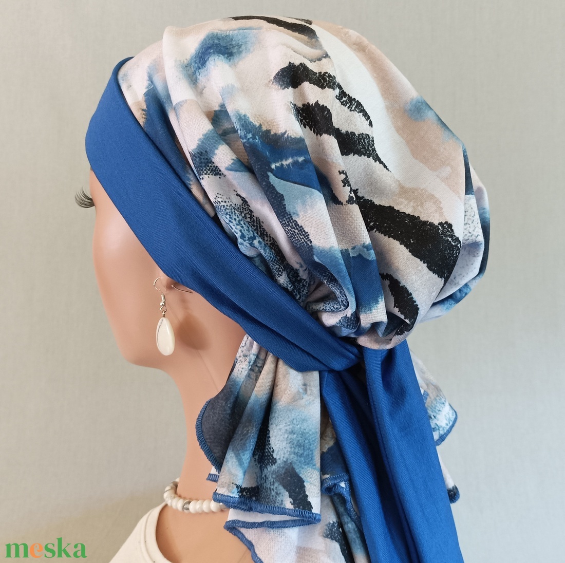 Kendő - Kemoterápiás fejkendő - királykékmasnis, mintás, pamut kendő - paróka helyett - daganatos kezelések idejére is - ruha & divat - sál, sapka, kendő - kendő - Meska.hu