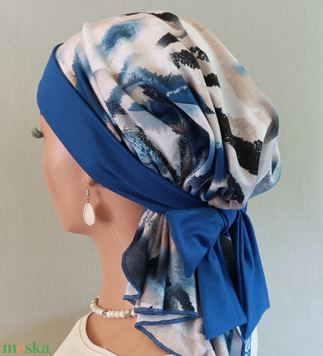 Kendő - Kemoterápiás fejkendő - királykékmasnis, mintás, pamut kendő - paróka helyett - daganatos kezelések idejére is - ruha & divat - sál, sapka, kendő - kendő - Meska.hu