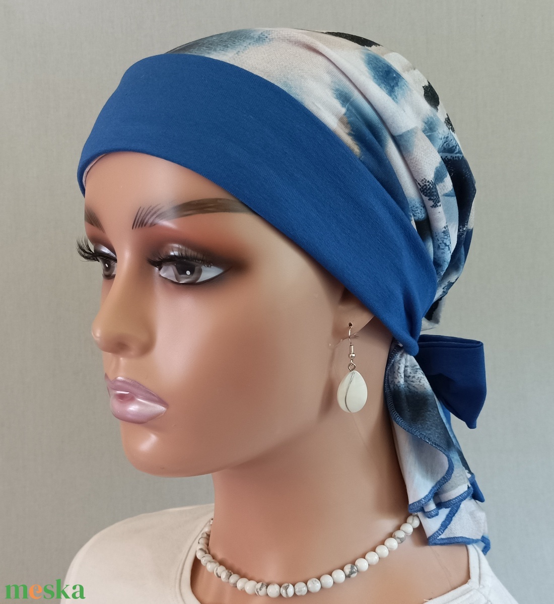 Kendő - Kemoterápiás fejkendő - királykékmasnis, mintás, pamut kendő - paróka helyett - daganatos kezelések idejére is - ruha & divat - sál, sapka, kendő - kendő - Meska.hu
