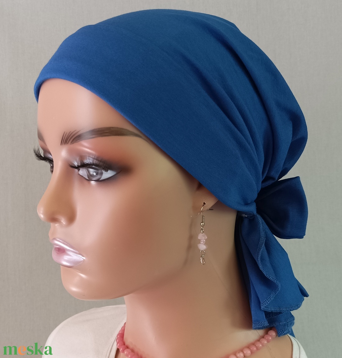 Kendő - Kemoterápiás fejkendő - királykék masnis, pamut kendő - paróka helyett - daganatos kezelések idejére is - ruha & divat - sál, sapka, kendő - kendő - Meska.hu