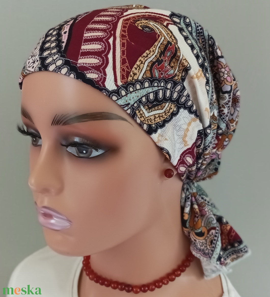 Kendő- Kemoterápiás kendő - Bordó tónusú indiai mintás - kemoterápiás kezelések idejére daganatos betegeknek is - ruha & divat - sál, sapka, kendő - kendő - Meska.hu