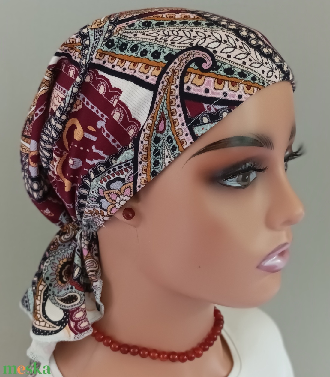 Kendő- Kemoterápiás kendő - Bordó tónusú indiai mintás - kemoterápiás kezelések idejére daganatos betegeknek is - ruha & divat - sál, sapka, kendő - kendő - Meska.hu