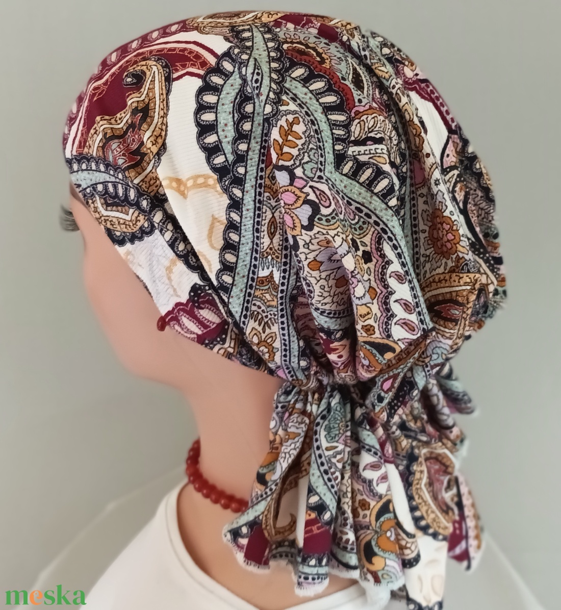Kendő- Kemoterápiás kendő - Bordó tónusú indiai mintás - kemoterápiás kezelések idejére daganatos betegeknek is - ruha & divat - sál, sapka, kendő - kendő - Meska.hu