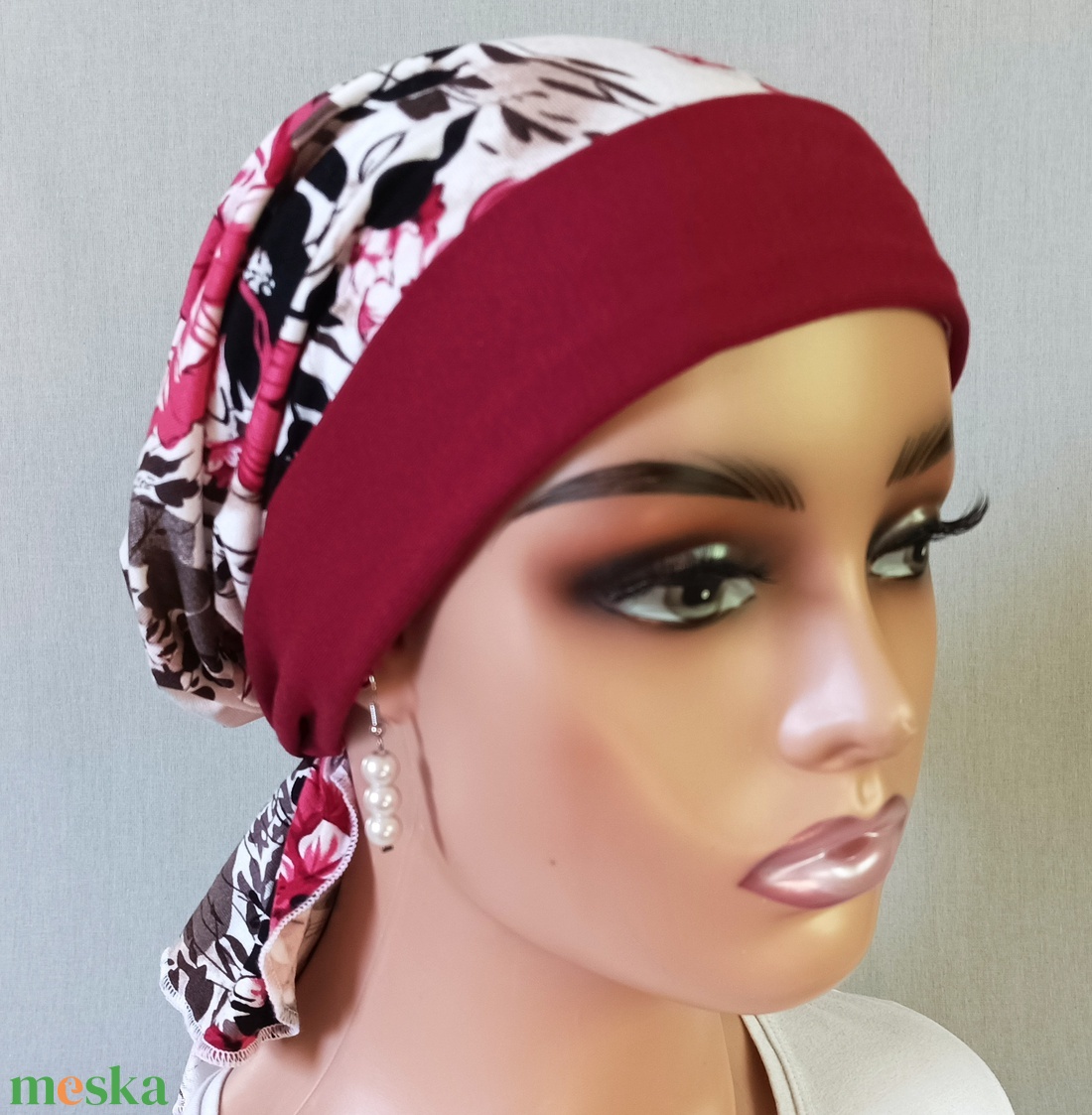 Kendő - Kemoterápiás fejkendő - bordó masni, mintás, pamut kendő - paróka helyett - daganatos kezelések idejére is - ruha & divat - sál, sapka, kendő - kendő - Meska.hu