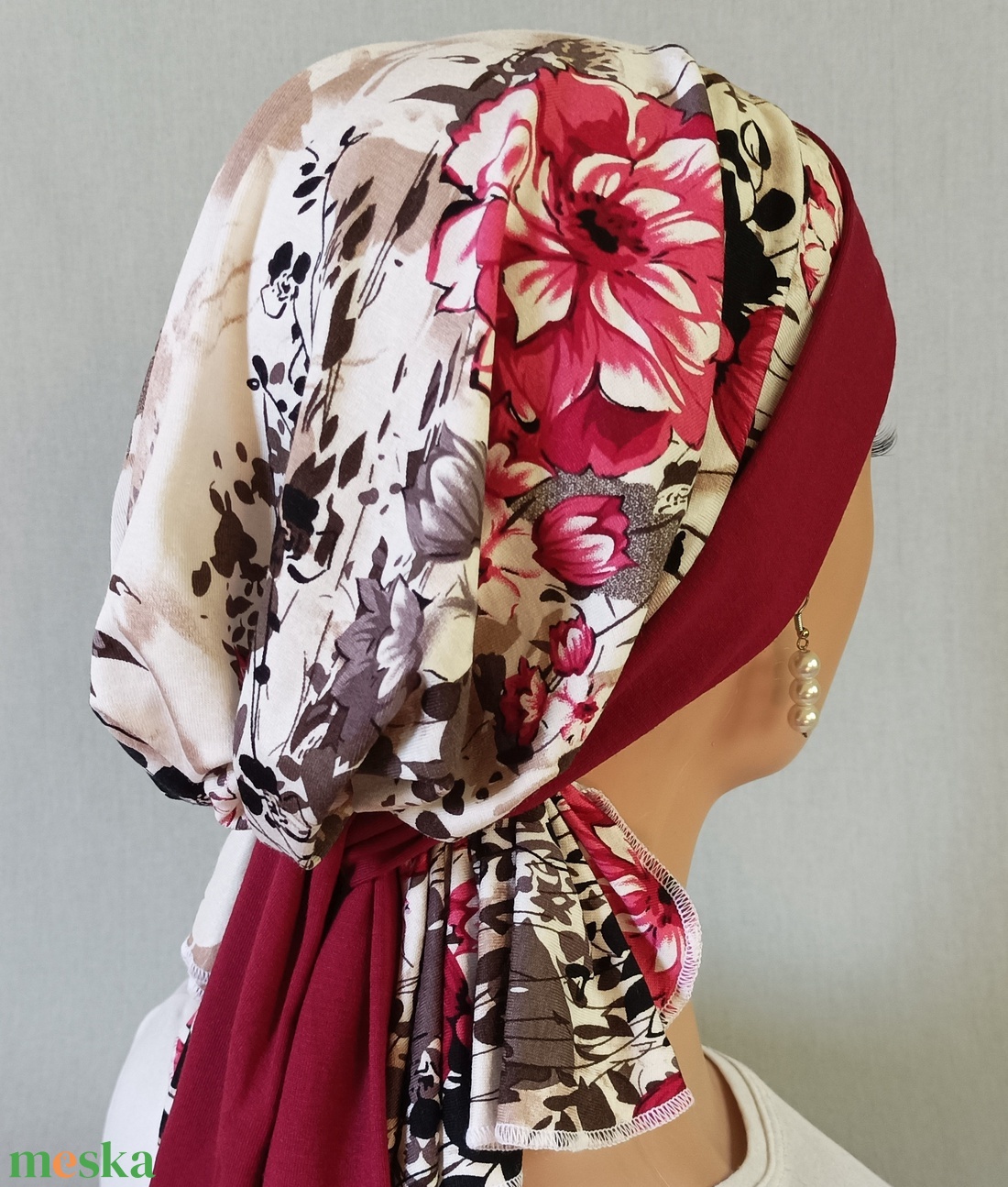 Kendő - Kemoterápiás fejkendő - bordó masni, mintás, pamut kendő - paróka helyett - daganatos kezelések idejére is - ruha & divat - sál, sapka, kendő - kendő - Meska.hu