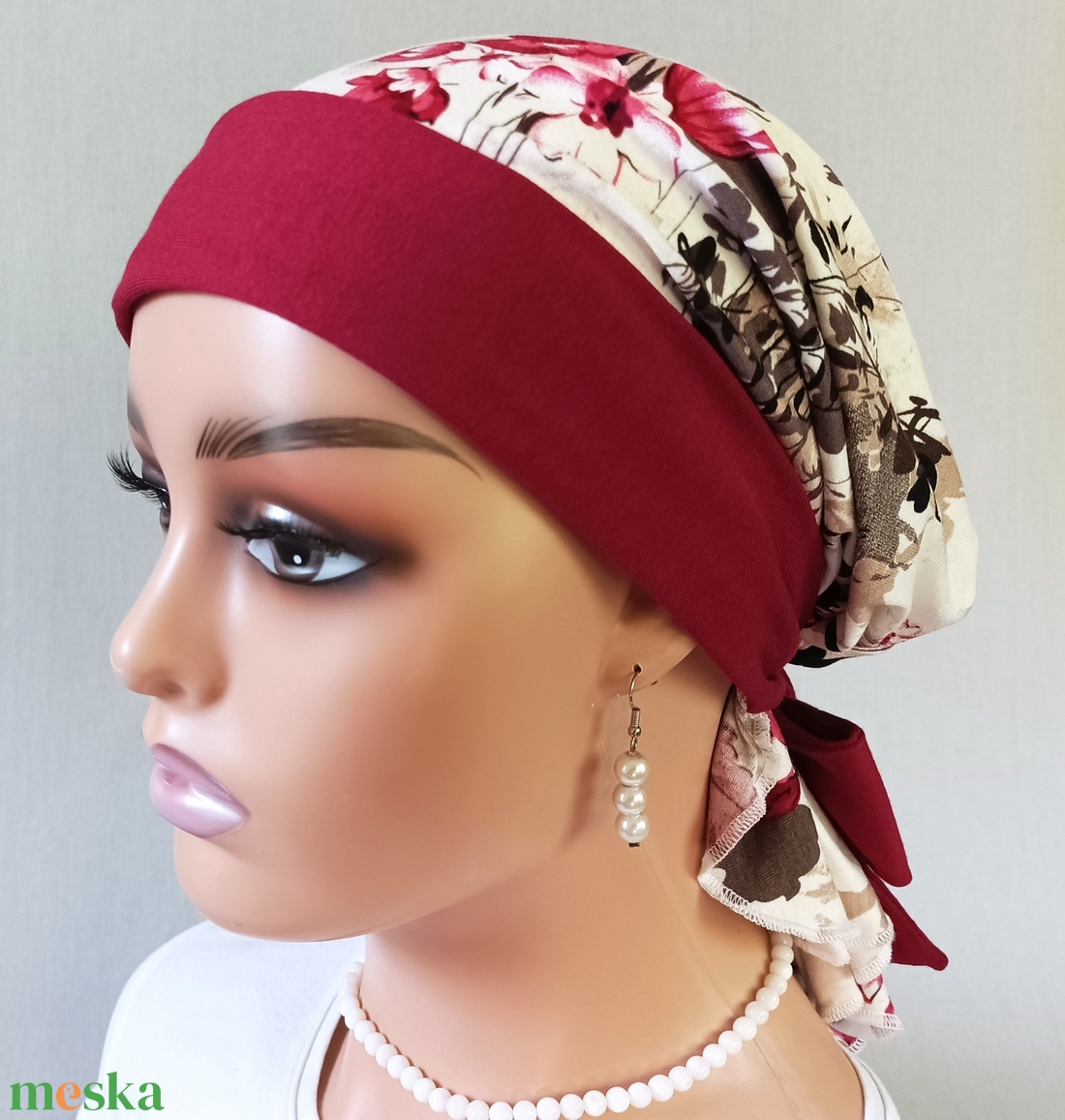 Kendő - Kemoterápiás fejkendő - bordó masni, mintás, pamut kendő - paróka helyett - daganatos kezelések idejére is - ruha & divat - sál, sapka, kendő - kendő - Meska.hu
