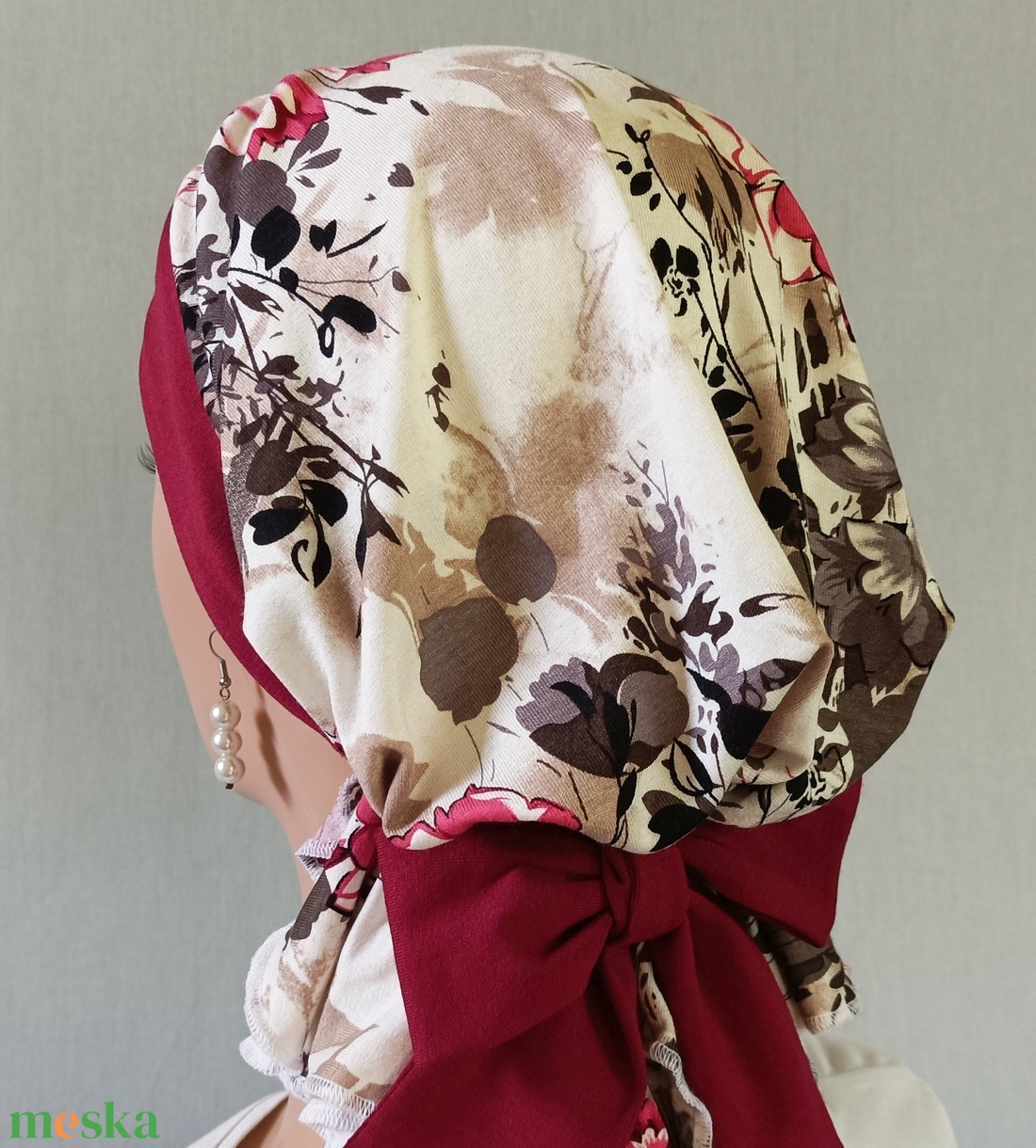 Kendő - Kemoterápiás fejkendő - bordó masni, mintás, pamut kendő - paróka helyett - daganatos kezelések idejére is - ruha & divat - sál, sapka, kendő - kendő - Meska.hu