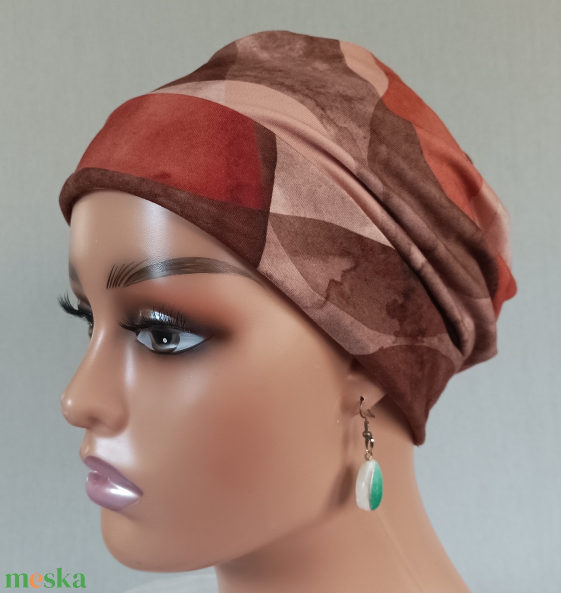Sapka - Kemoterápiás sapka -, rozsdavörös-barna mintás - paróka helyett -, daganatos kezelések idejére is - ruha & divat - sál, sapka, kendő - kendő - Meska.hu