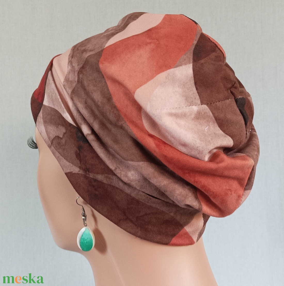 Sapka - Kemoterápiás sapka -, rozsdavörös-barna mintás - paróka helyett -, daganatos kezelések idejére is - ruha & divat - sál, sapka, kendő - kendő - Meska.hu
