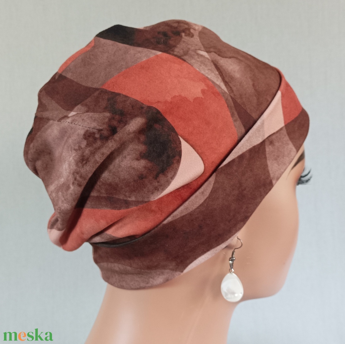 Sapka - Kemoterápiás sapka -, rozsdavörös-barna mintás - paróka helyett -, daganatos kezelések idejére is - ruha & divat - sál, sapka, kendő - kendő - Meska.hu