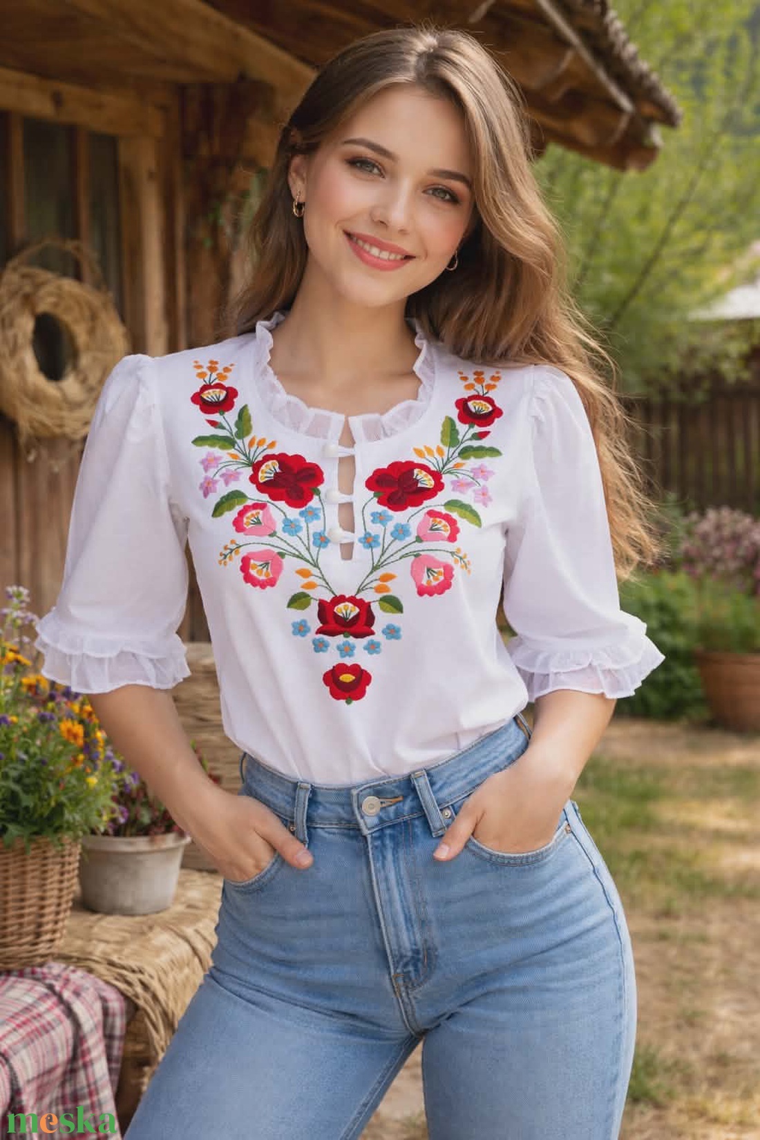Kalocsai hímzett vászon bluz - ruha & divat - női ruha - blúz - Meska.hu