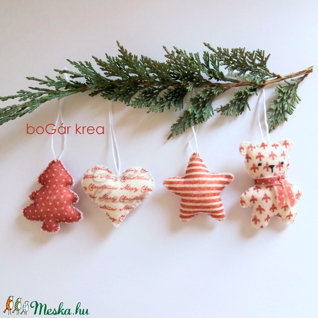 Piros-fehér karácsonyi díszek (maci, csillag, fenyő, szív) - 4 db-os szett - függeszthető dekoráció - karácsony - Meska.hu