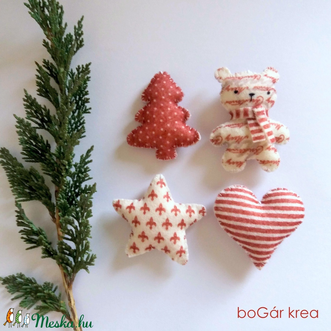 Piros-fehér karácsonyi díszek (maci, csillag, fenyő, szív) - 4 db-os szett  - függeszthető dekoráció - karácsony - Meska.hu