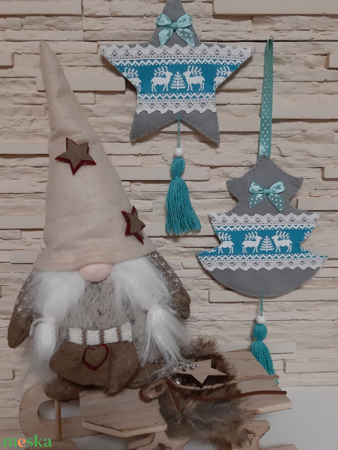 Filc téli duó - szürke és türkiz színvilágban, szarvasokkal - karácsony - karácsonyi lakásdekoráció - karácsonyfadíszek - Meska.hu