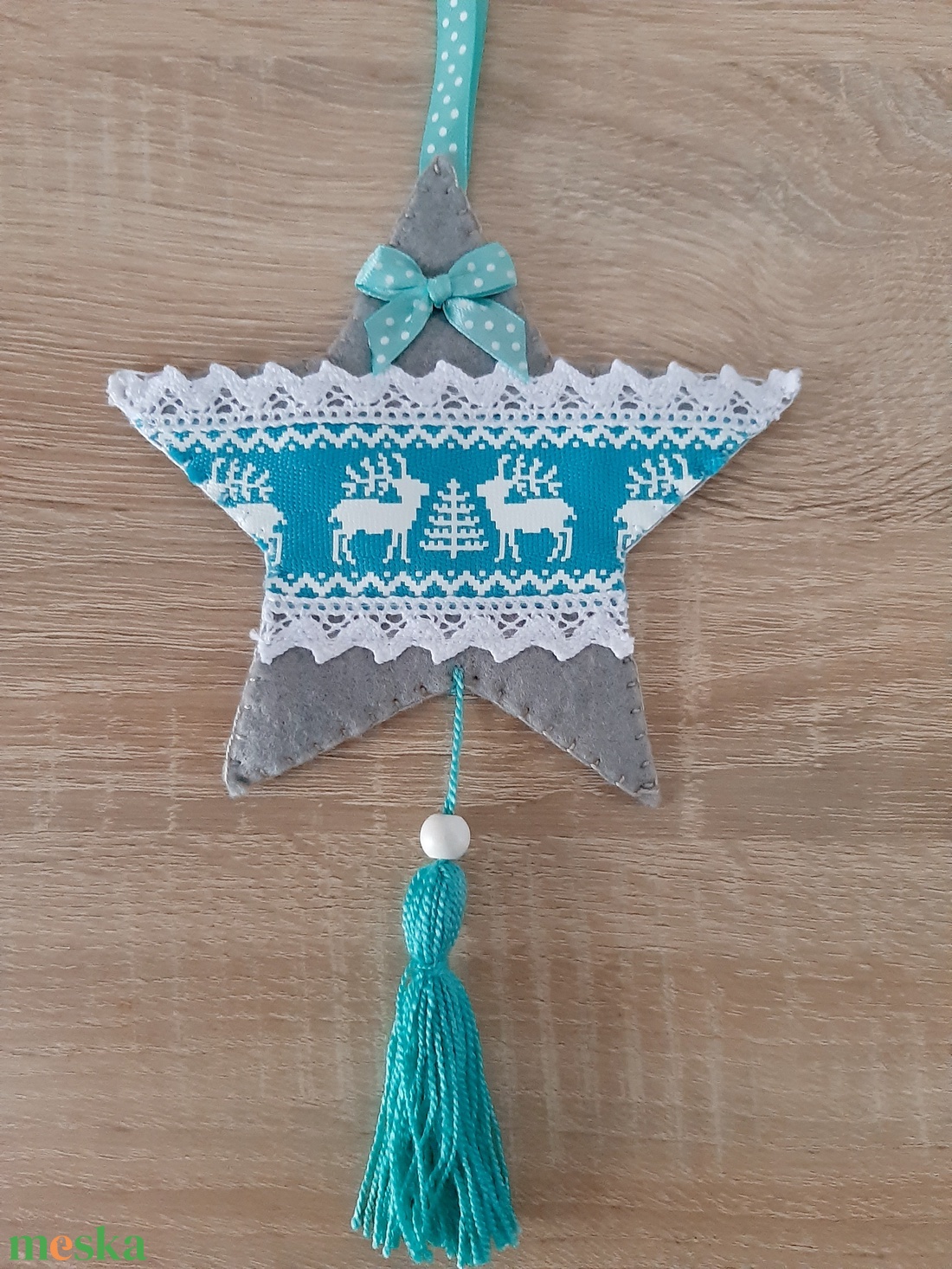 Filc téli duó - szürke és türkiz színvilágban, szarvasokkal - karácsony - karácsonyi lakásdekoráció - karácsonyfadíszek - Meska.hu