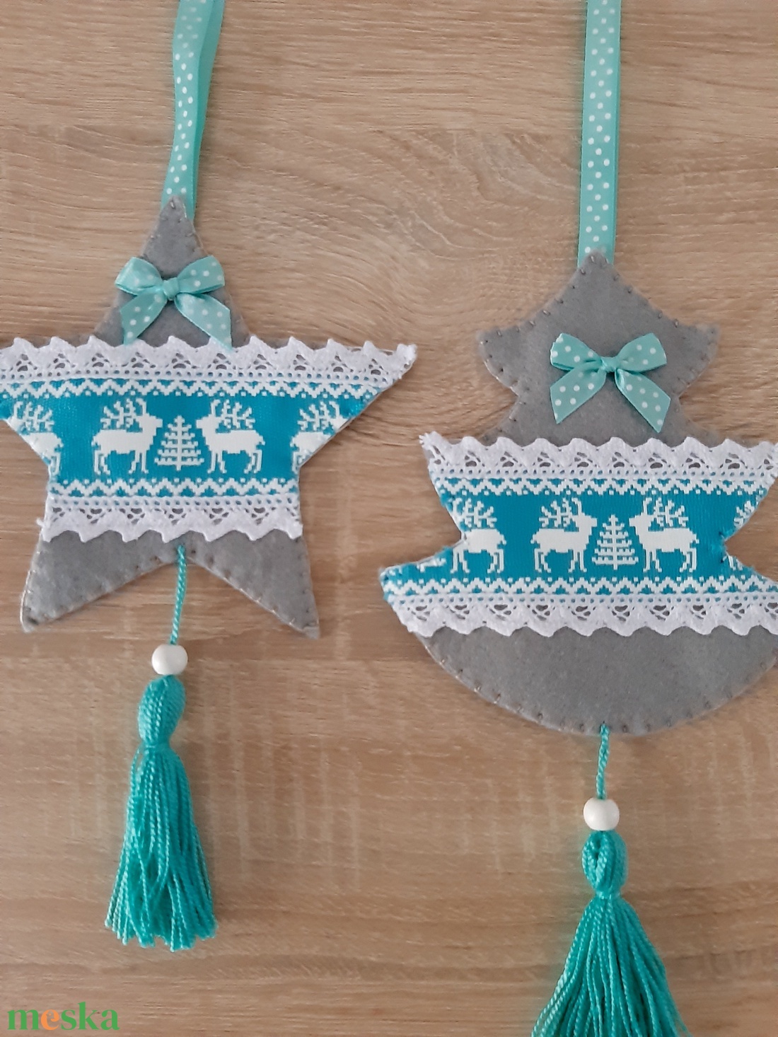 Filc téli duó - szürke és türkiz színvilágban, szarvasokkal - karácsony - karácsonyi lakásdekoráció - karácsonyfadíszek - Meska.hu