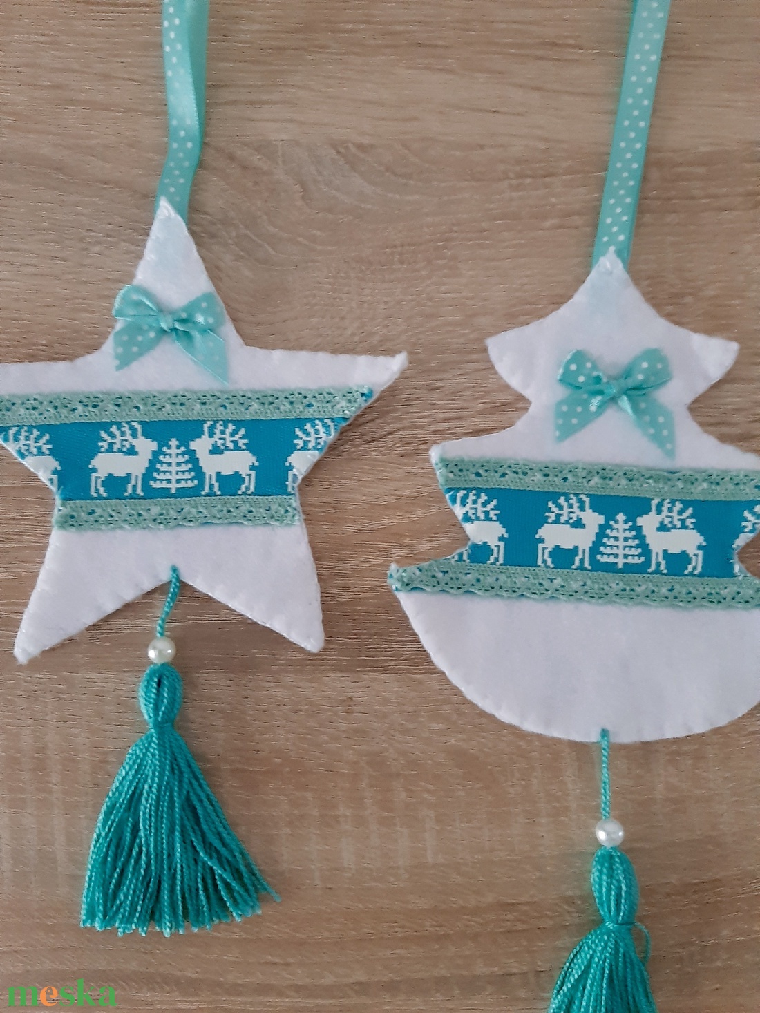 Filc téli duó - fehér és türkiz színvilágban, szarvasokkal - karácsony - karácsonyi lakásdekoráció - karácsonyfadíszek - Meska.hu