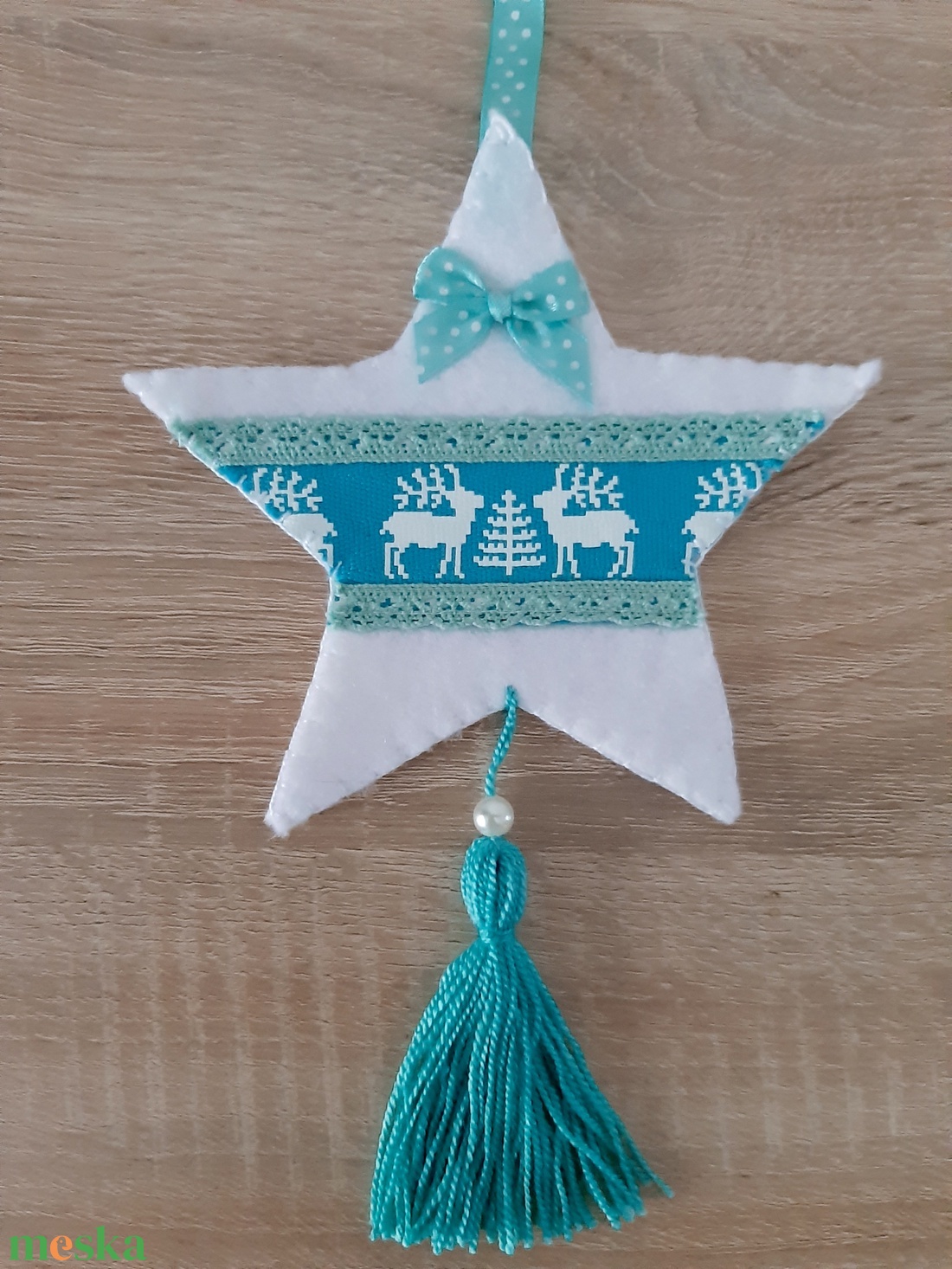 Filc téli duó - fehér és türkiz színvilágban, szarvasokkal - karácsony - karácsonyi lakásdekoráció - karácsonyfadíszek - Meska.hu