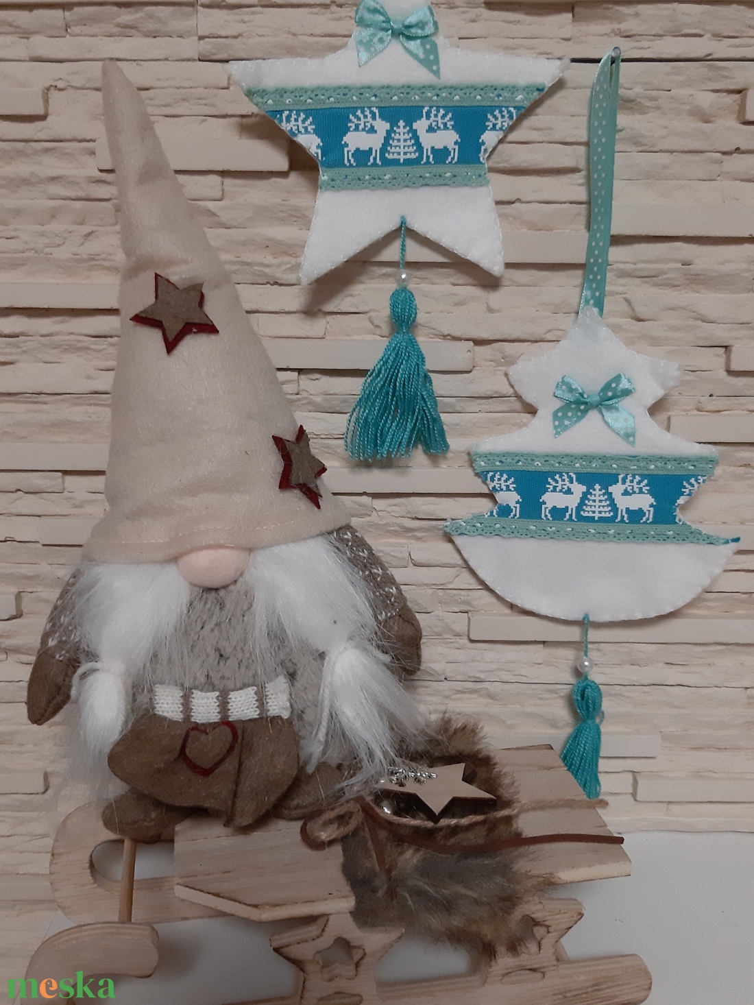 Filc téli duó - fehér és türkiz színvilágban, szarvasokkal - karácsony - karácsonyi lakásdekoráció - karácsonyfadíszek - Meska.hu