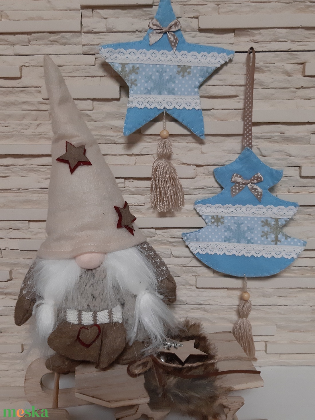 Filc téli duó - kék és barna színvilágban, hópelyhekkel - karácsony - karácsonyi lakásdekoráció - karácsonyfadíszek - Meska.hu