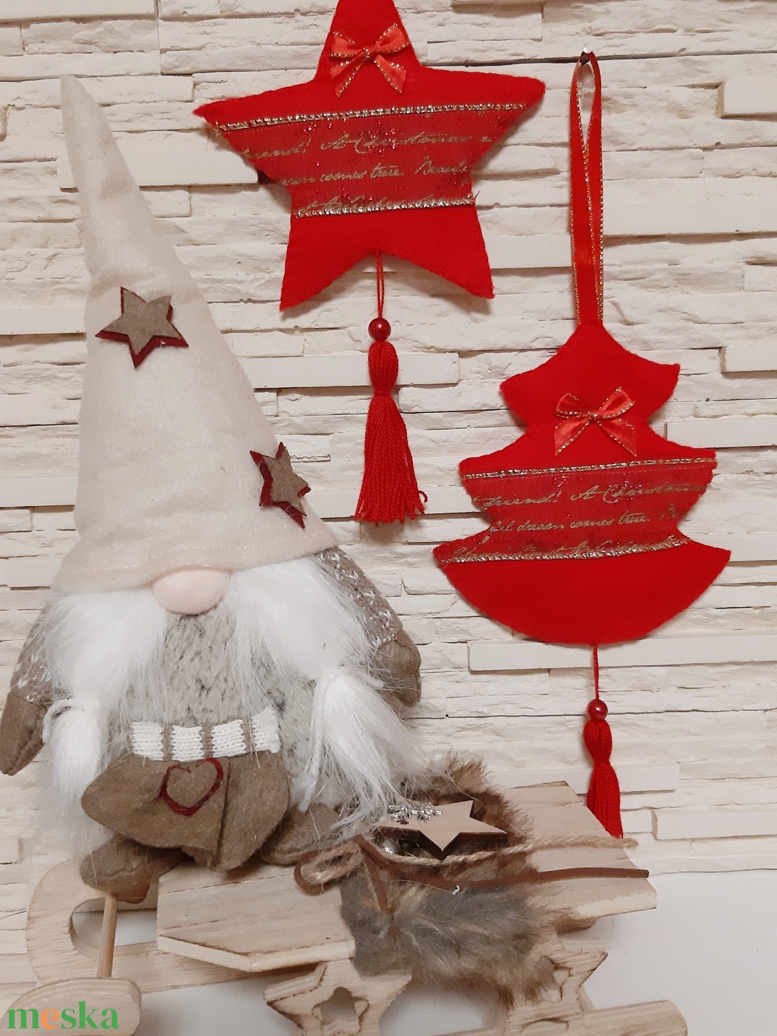 Filc téli duó - piros és arany színvilágban - karácsony - karácsonyi lakásdekoráció - karácsonyfadíszek - Meska.hu