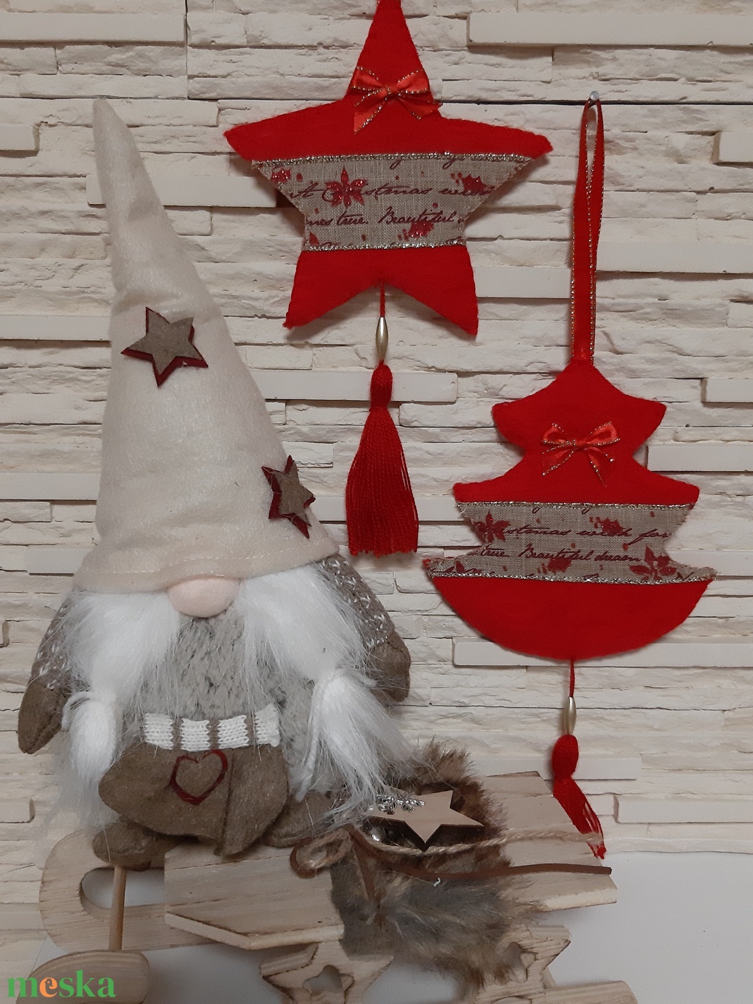 Filc téli duó - piros és natúr színvilágban - karácsony - karácsonyi lakásdekoráció - karácsonyfadíszek - Meska.hu