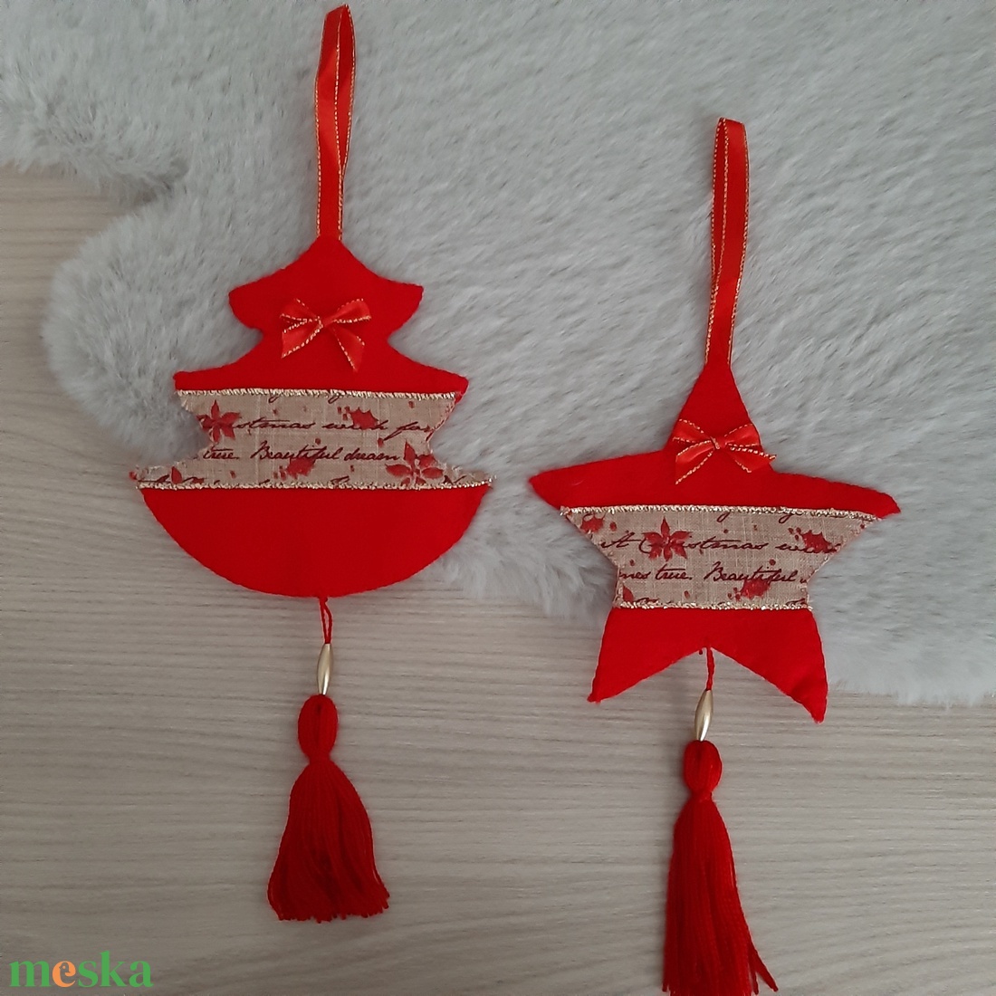 Filc téli duó - piros és natúr színvilágban - karácsony - karácsonyi lakásdekoráció - karácsonyfadíszek - Meska.hu