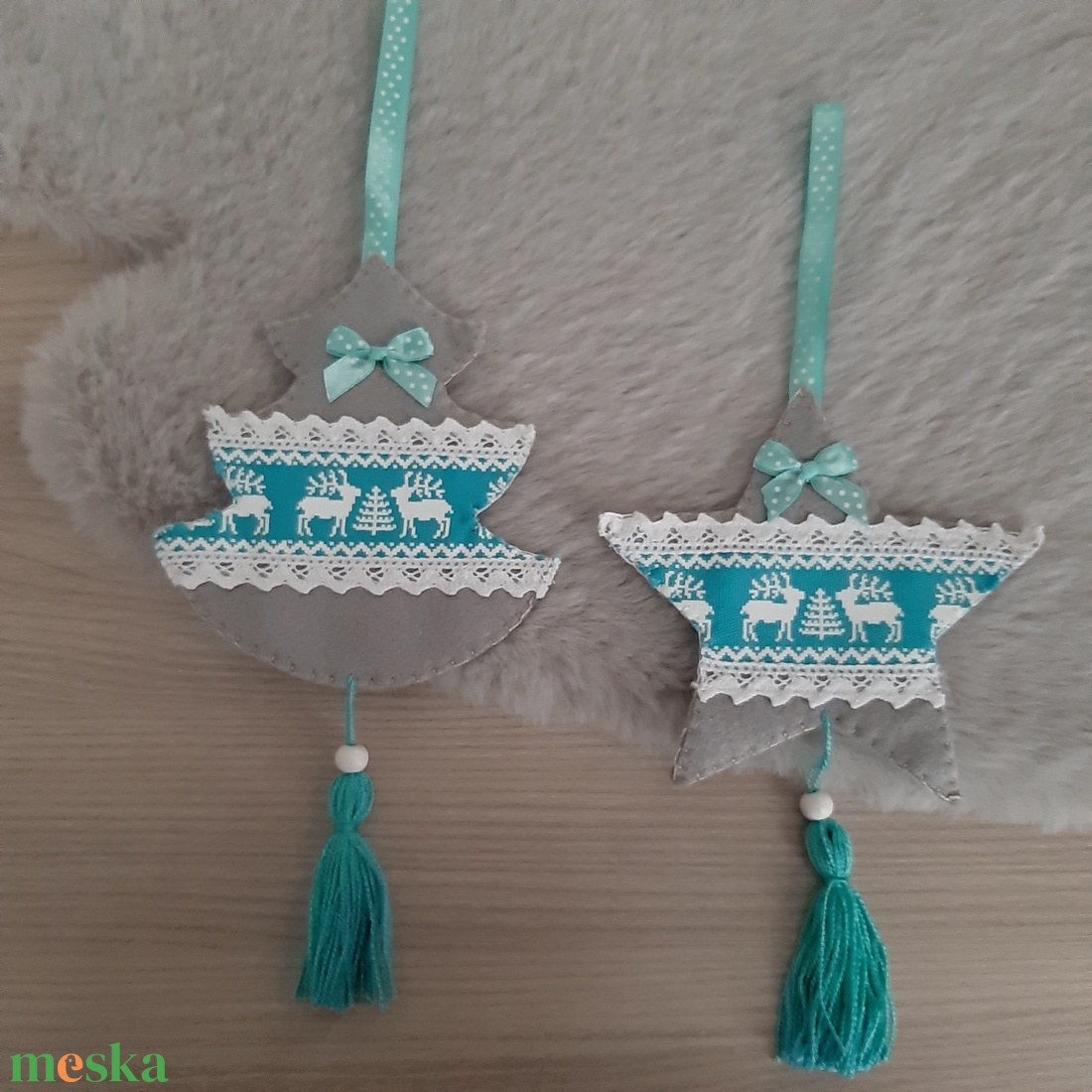 Filc téli duó - szürke és türkiz színvilágban, szarvasokkal - karácsony - karácsonyi lakásdekoráció - karácsonyfadíszek - Meska.hu