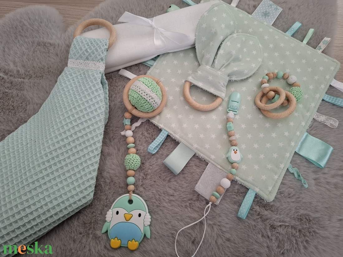 Prémium babaváró óriás szett - pingvin, menta színvilágban - játék & sport - babalátogató ajándékcsomag - Meska.hu