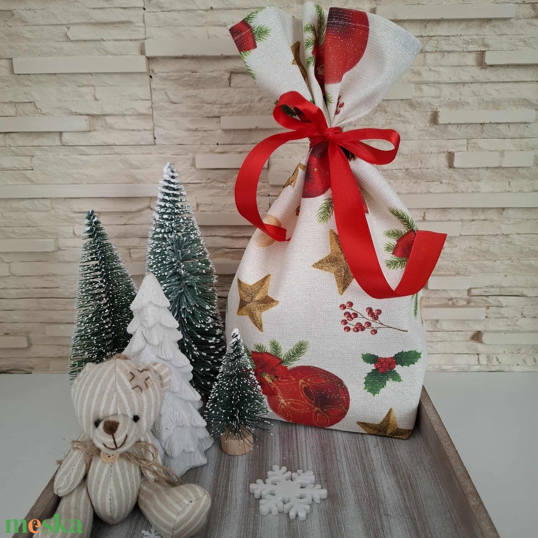 Mikulás zsák - csillogós, ünnepi mintával - karácsony - mikulás - mikulás zsák - Meska.hu