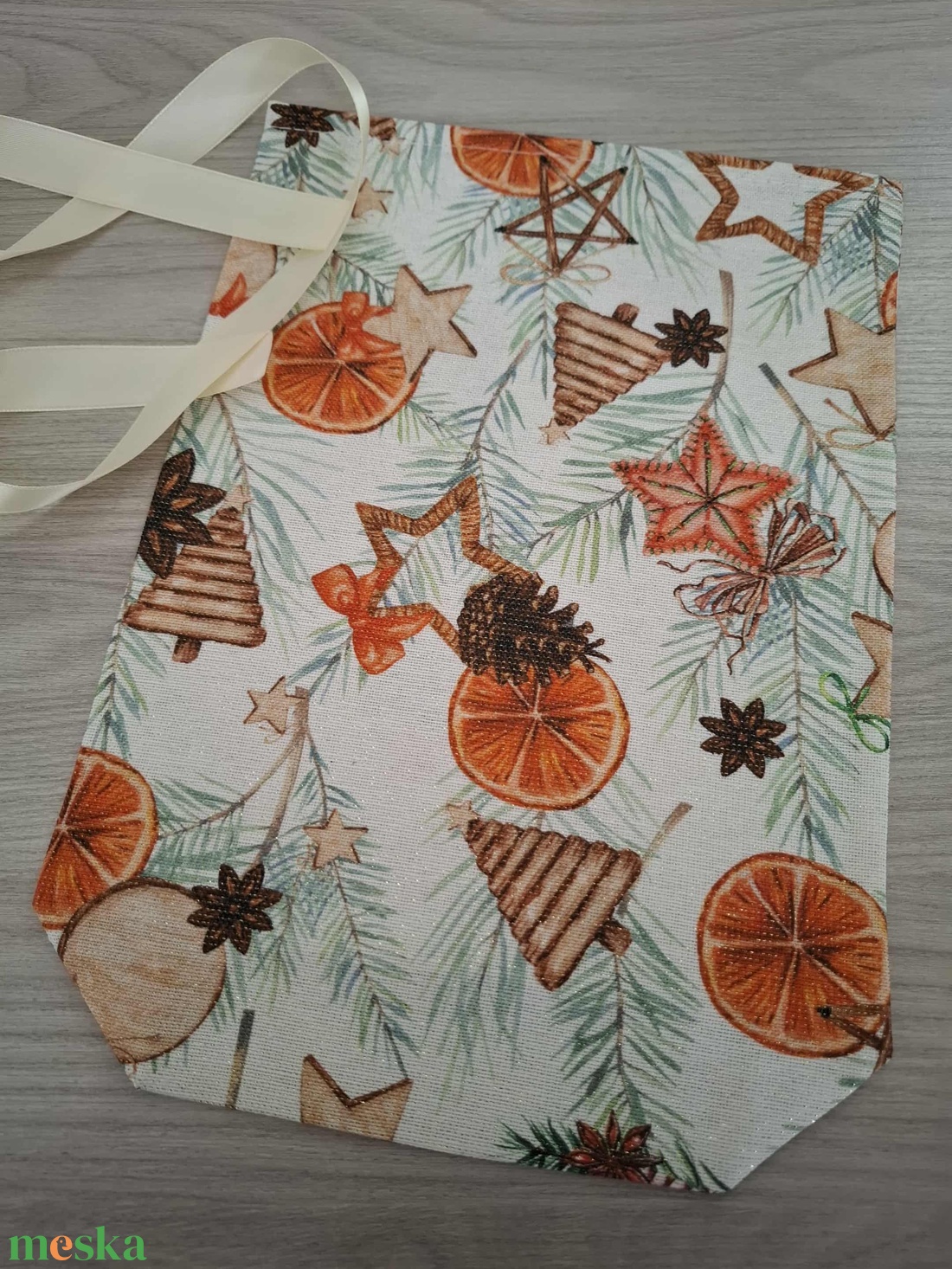 Mikulás zsák - csillogós, fenyős-narancsos mintával - karácsony - mikulás - mikulás zsák - Meska.hu