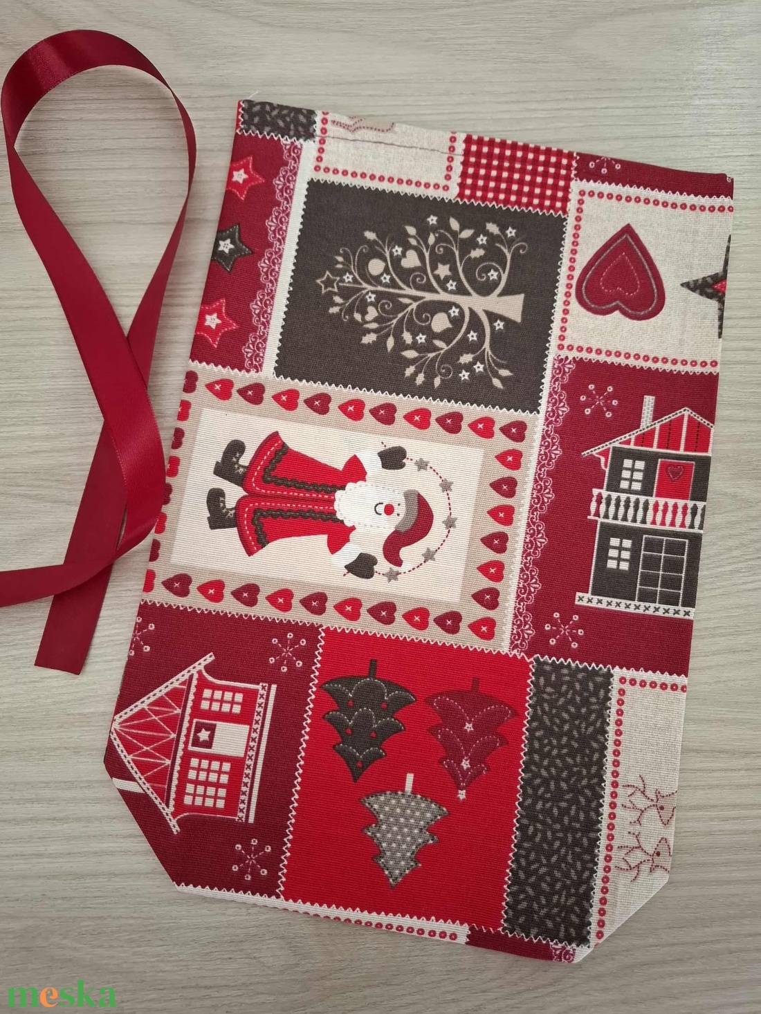 Mikulás zsák - mikukás téli tájjal, piros-bordó színvilágban - karácsony - mikulás - mikulás zsák - Meska.hu