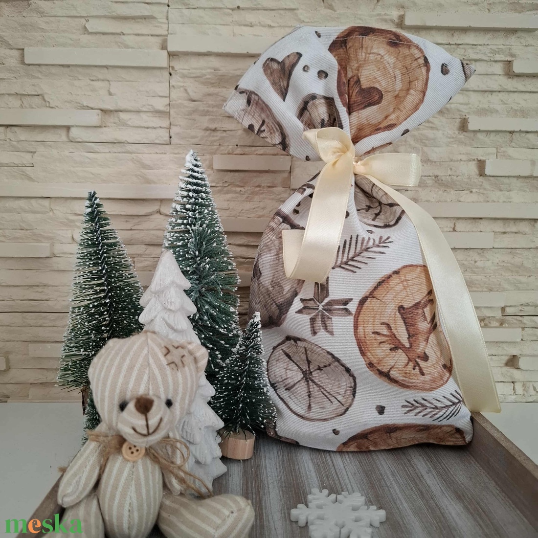 Mikulás zsák - téli minta, natúr színvilágban - karácsony - mikulás - mikulás zsák - Meska.hu