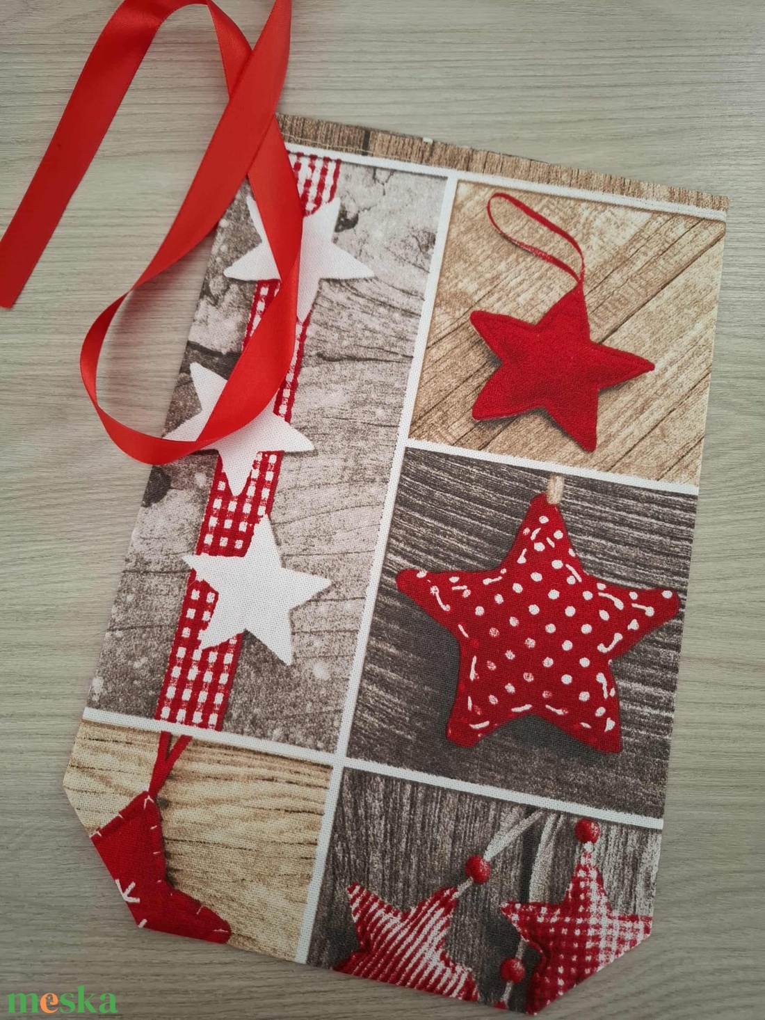 Mikulás zsák - kiscsillagos, natúr mintával - karácsony - mikulás - mikulás zsák - Meska.hu