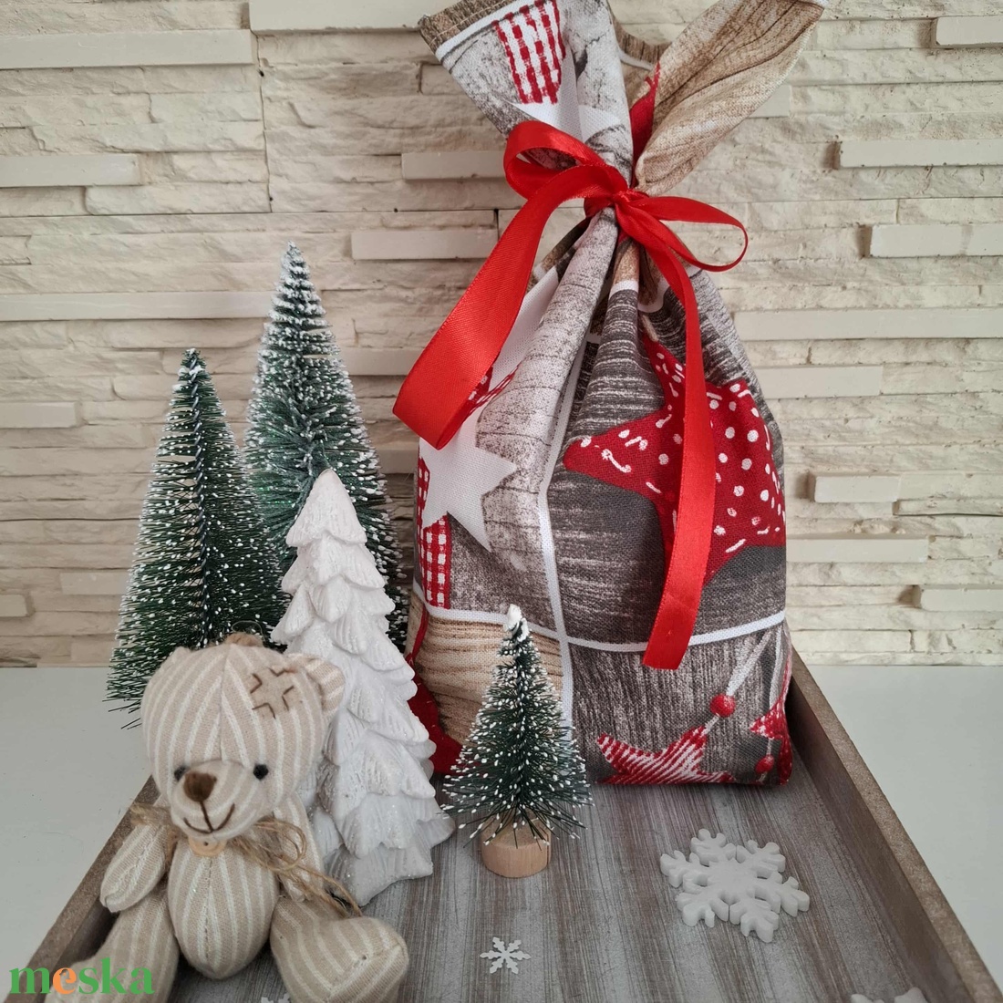 Mikulás zsák - kiscsillagos, natúr mintával - karácsony - mikulás - mikulás zsák - Meska.hu