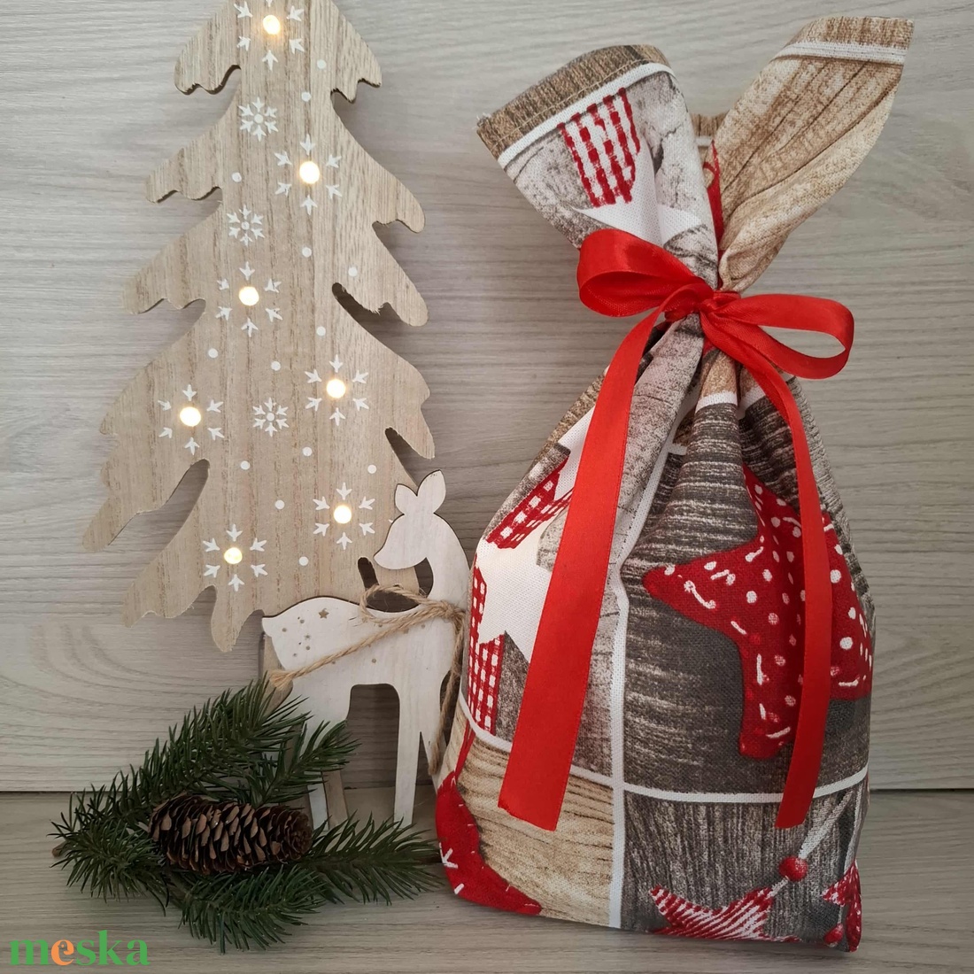 Mikulás zsák - kiscsillagos, natúr mintával - karácsony - mikulás - mikulás zsák - Meska.hu